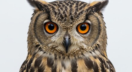 Obraz premium Majestic Owl with Striking Orange Eyes - A close-up of a majestic owl, symbolizing wisdom, mystery, solitude, nature, and keen observation. Its bright orange eyes are captivating