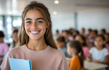Smiling female teacher engages students in a modern classroom environment