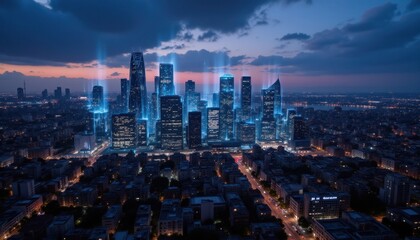 A stylized digital skyline at dusk with skyscrapers made from light, representing the growth of cybersecurity technology.