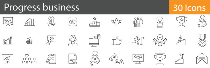 Progress Business Line Icons Set. Collection of 30 outline icons representing growth, success, development, performance, and business progress. Editable stroke vector illustration.