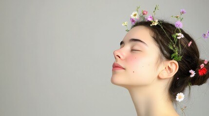 Serene Artistic Portrait of Woman Adorned with Beautiful Flowers in Hair and Soft Natural Light