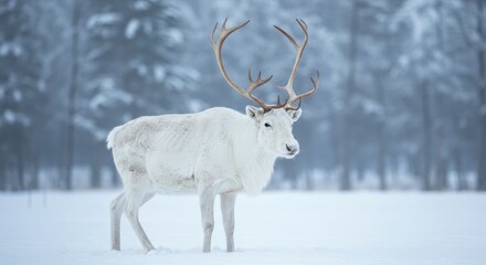 Obraz premium Majestic White Reindeer in Winter Wonderland - A serene winter scene featuring a majestic white reindeer with large antlers, symbolizing winter, purity, grace, freedom, and the magic of the season