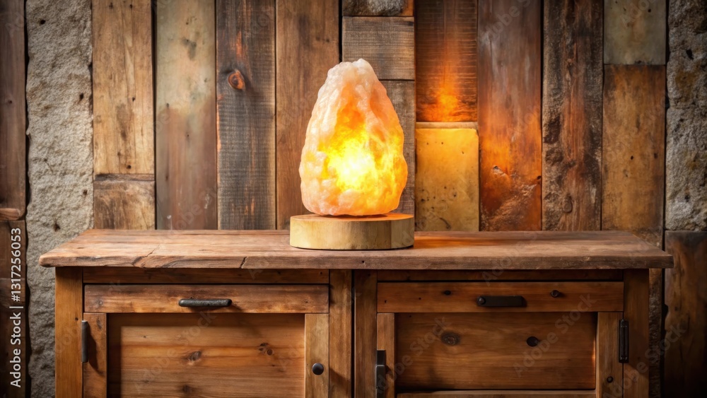 Poster a rustic wooden cabinet with a salt lamp casting a warm glow on the top surface