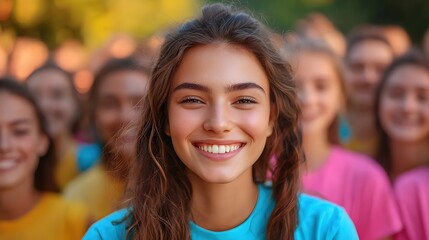 Fototapeta premium Cheerful Young Girl Smiling with Group of Friends in Summer Sunshine