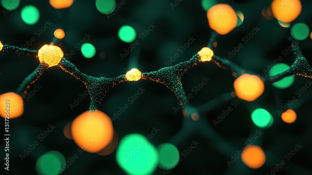 Poster abstract molecular structure with colorful particles on dark background
