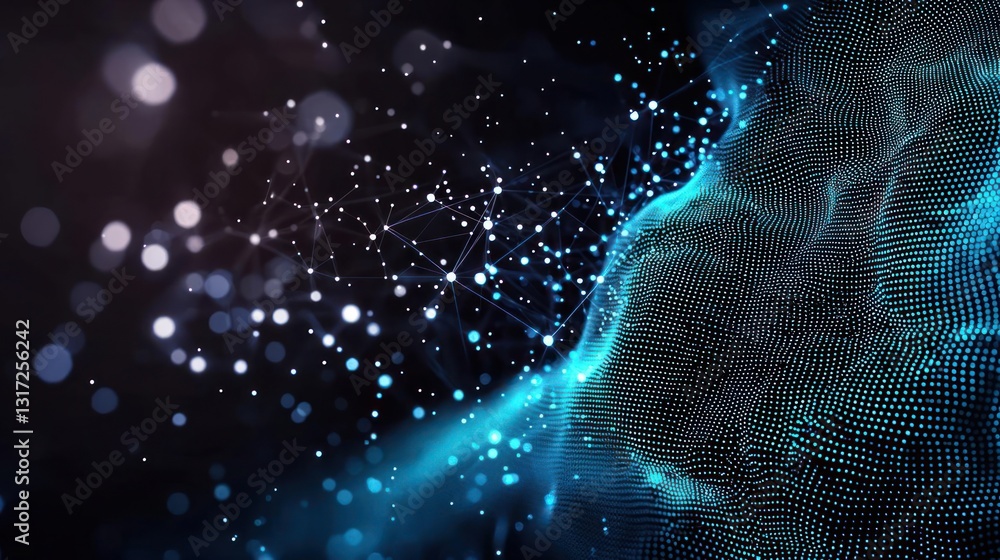 Poster abstract blue digital network with glowing particles representing technological connections in dark 