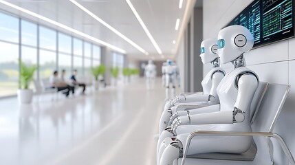 Obraz premium Futuristic Healthcare Center with Humanoid Robots and Patients in a Modern Waiting Area
