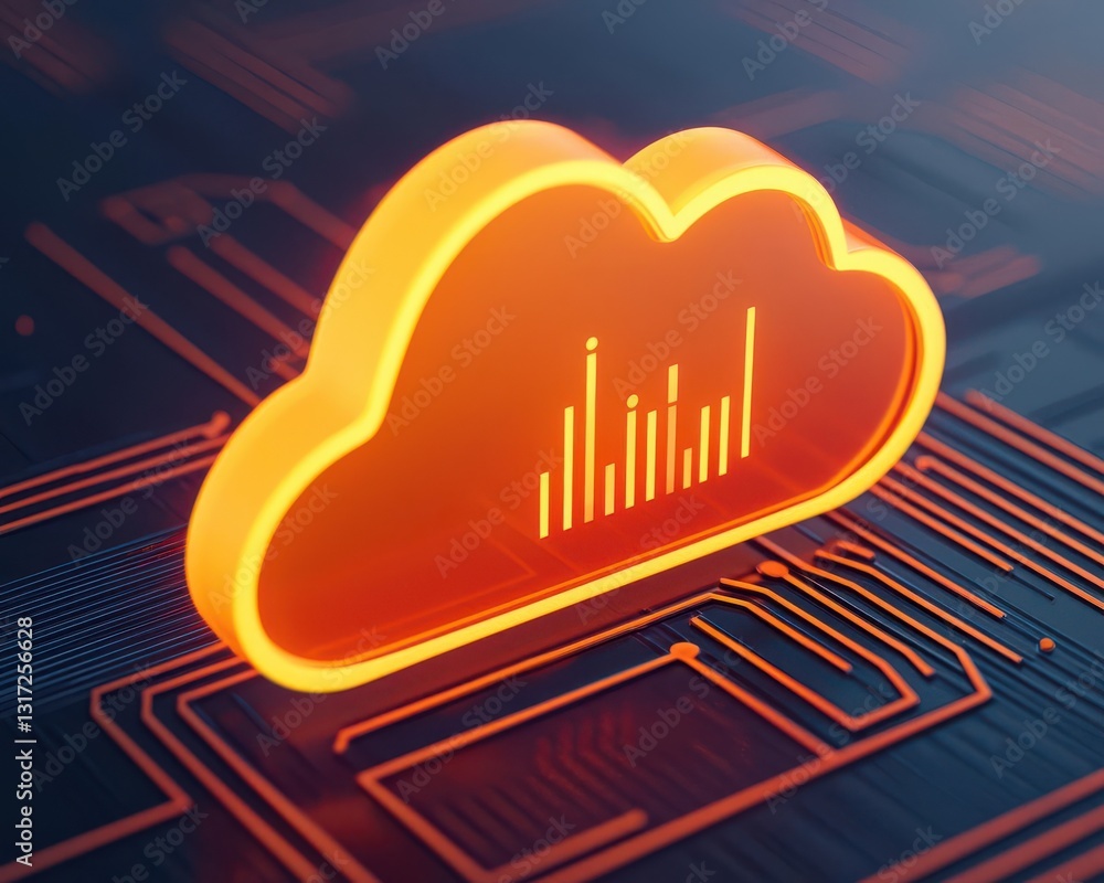 Poster cloud infrastructure automation cost-effectiveness. a glowing cloud symbol on a digital circuit back