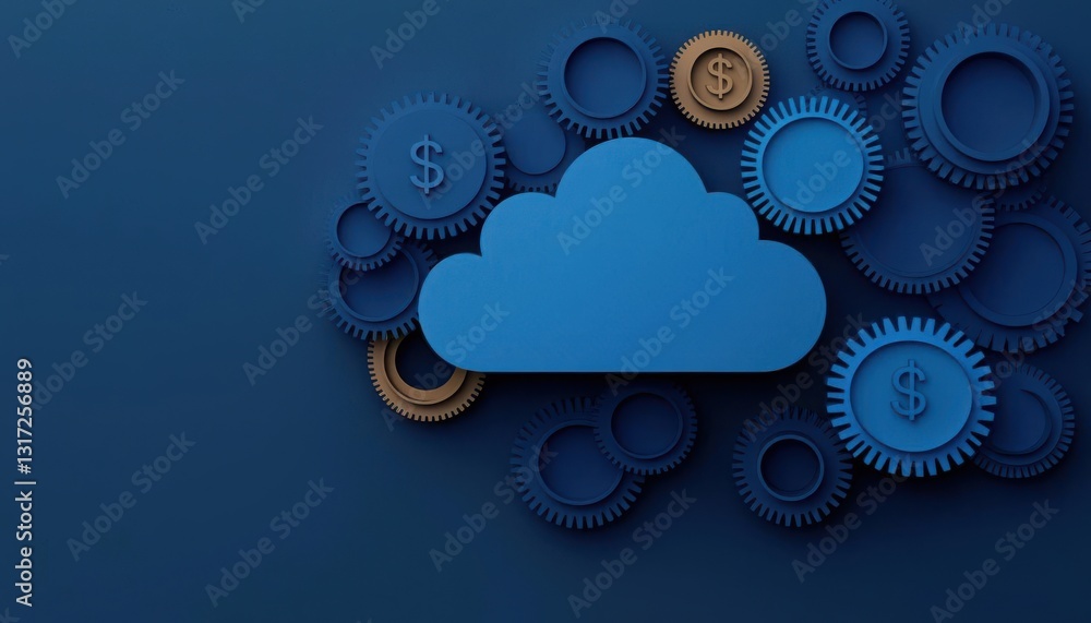 Poster cloud infrastructure automation cost-effectiveness. a blue cloud icon surrounded by gears and dollar