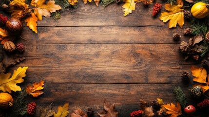 Fall table with rustic charm, empty space, and autumn foliage scattered across the surface for showcasing products 