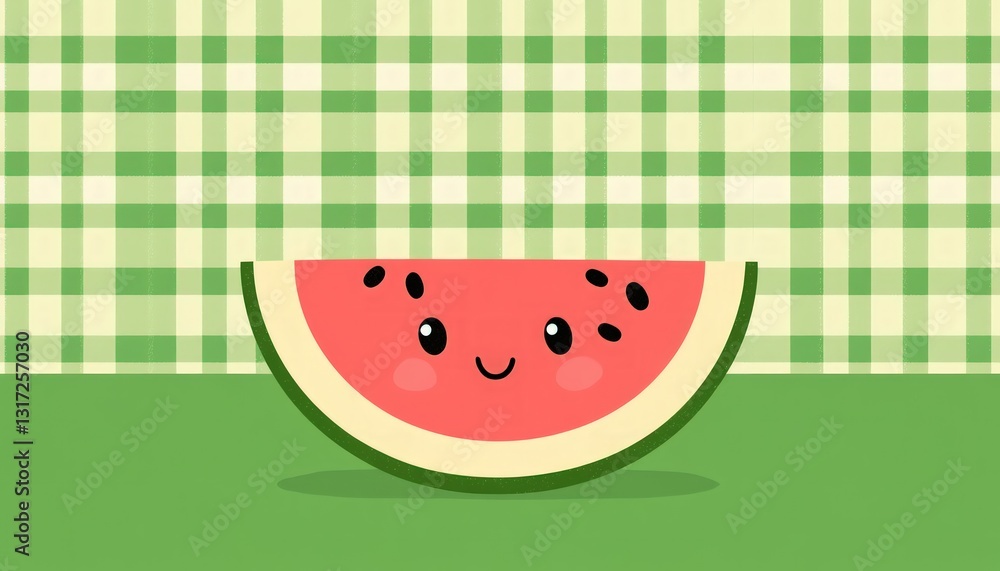 Poster this image features a cute watermelon slice with a smiling face against a green checkered background