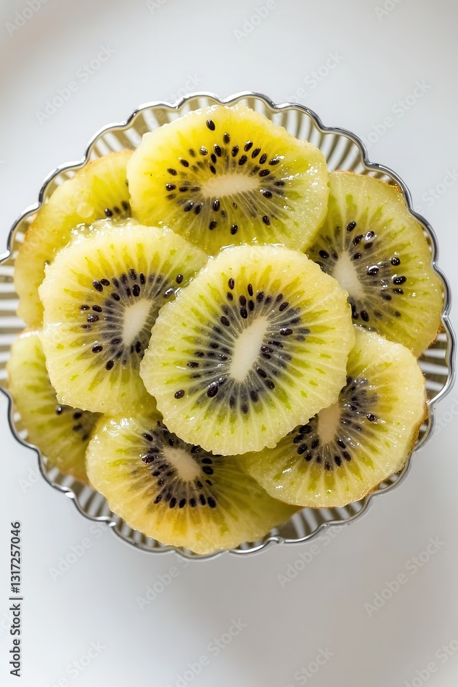 Poster top down view of freshly sliced kiwi arranged in a basket on a light background
