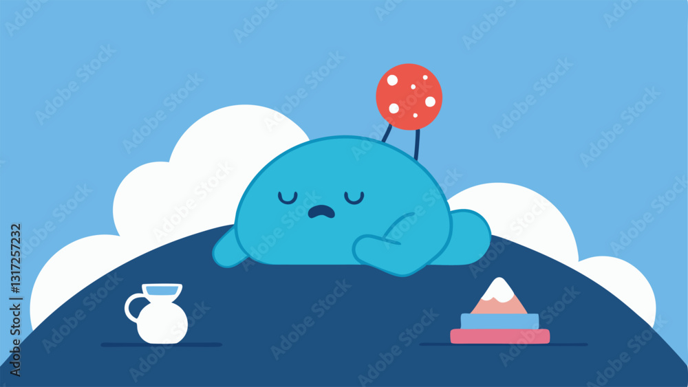 Poster sleep and health a character asleep on a mountain of unhealthy snacks with faint outlines of exercis