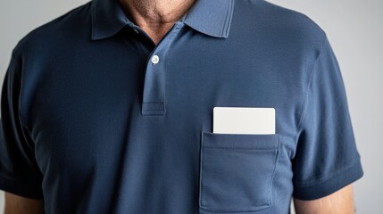 A polo shirt with short sleeves and a collar, featuring an empty white name tag on the chest pocket. 