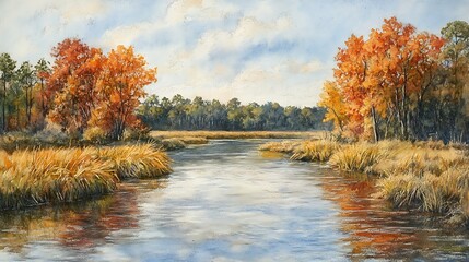Autumnal river, marsh grasses, tranquil scene