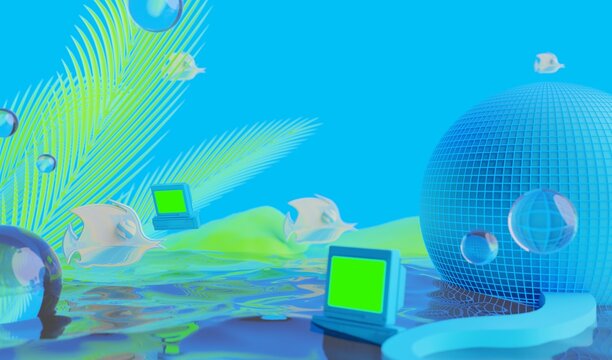 retro-future y2k 2000s frutiger aero aqua web 2.0 gloss with stage podium for product display showcase, 3d illustration rendering abstract background, technology and nature concept