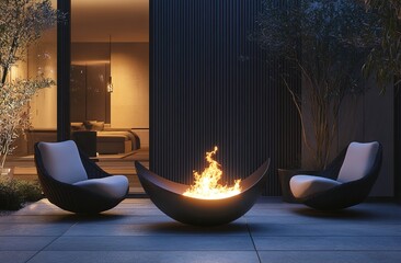  A sleek, modern fire pit on an outdoor patio with two comfortable chairs around it, illuminated by the warm glow of its flames.
