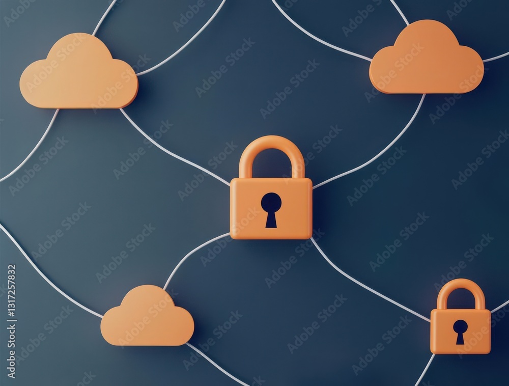 Poster cloud infrastructure security flexibility. global cloud connections with glowing padlocks and shifti