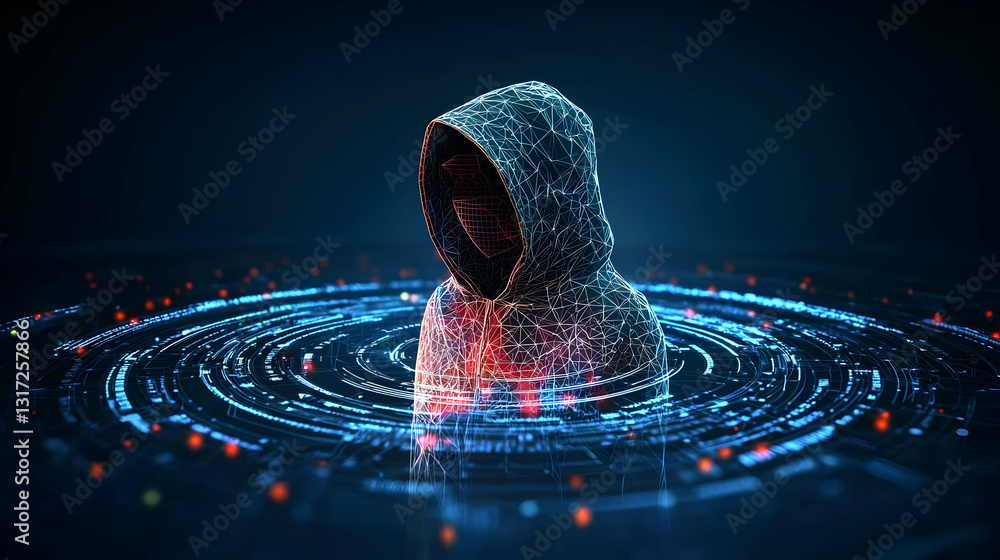 Poster pixelated hooded figure in red and blue on a dark background with concentric ripples of light repres