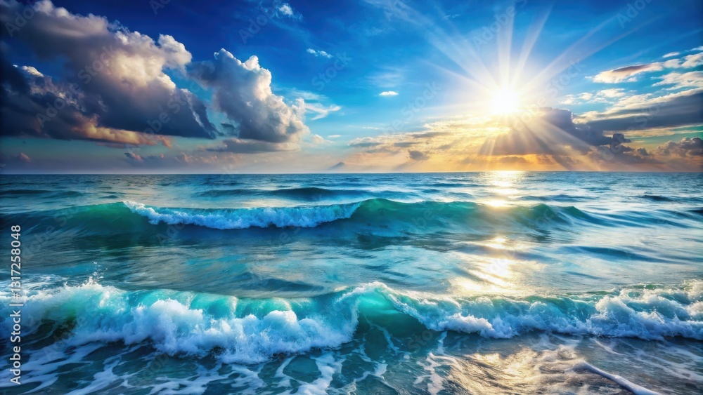 Poster the ocean waves crashing and rolling under the sun's golden rays, casting a shimmering glow on the w