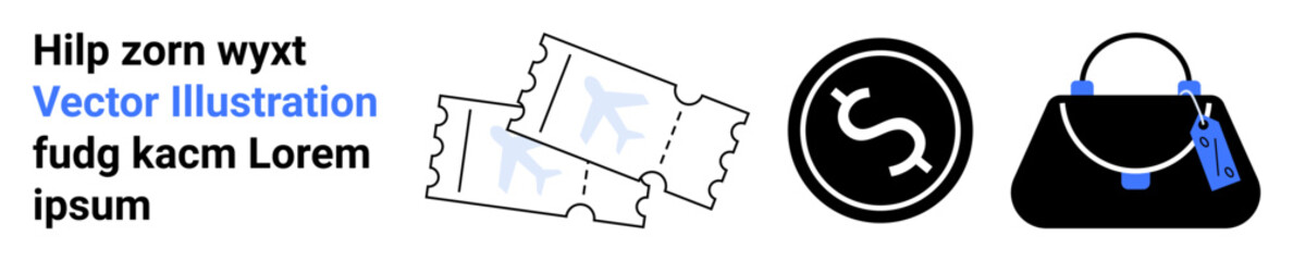 Two flight tickets, dollar coin, and a handbag with tags symbolize travel, shopping, and commerce. Ideal for tourism, currency exchange, retail, e-commerce planning leisure and a flat landing page