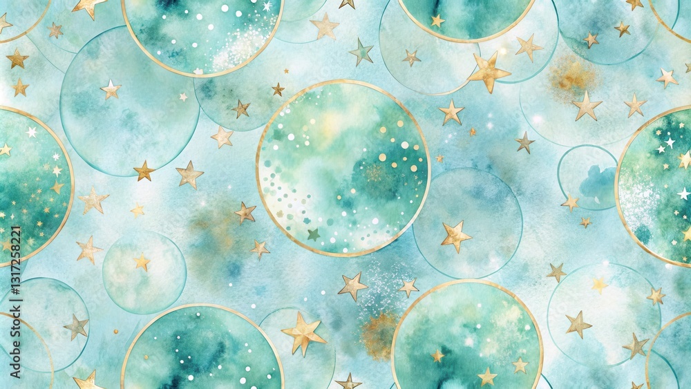 Poster A whimsical watercolor pattern featuring ethereal teal circles adorned with golden stars, creating a celestial and dreamy ambiance.