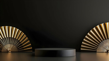Dark Empty Podium With Two Golden Fans On Each Side Elegant 3D Render Ideal For Luxury Product Advertisement