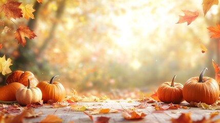 Fall-themed empty table background with scattered leaves, pumpkins, and a soft, warm lighting effect 