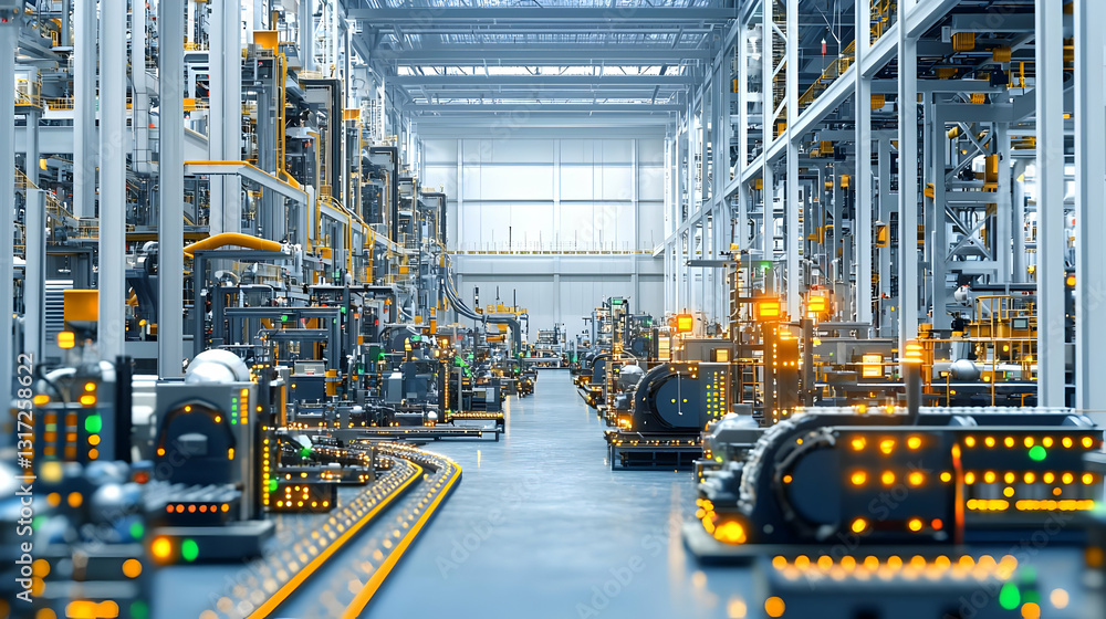 Poster automated assembly line in a modern futuristic smart factory with advanced robotic systems and illum