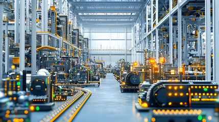 Automated Assembly Line In A Modern Futuristic Smart Factory With Advanced Robotic Systems and Illuminated Control Panels