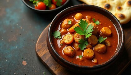 Overhead view of fragrant nalli nihari garnished with coriander leaves and served with naan, aromatic, curry, nihari