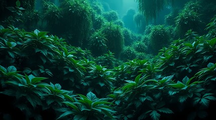 Emerald Embrace: A mysterious and captivating view of dense, vibrant green foliage thrives in a lush environment, shrouded in a soft, ethereal light, suggesting the allure of a hidden sanctuary.