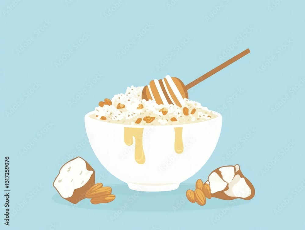 Poster a visually appealing bowl of creamy yogurt topped with a drizzle of honey and a mix of nuts includin