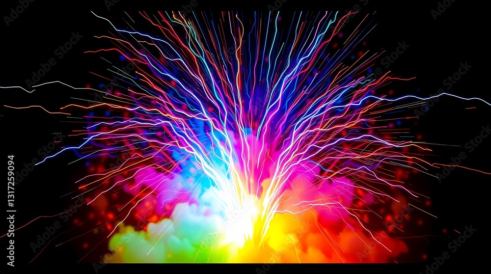 Poster electrifying burst of color: a vibrant explosion of light, radiating with a spectrum of electrifying