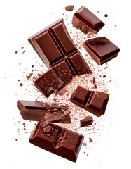 Broken chocolate bar pieces falling isolated on transparent background