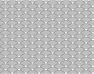 Seamless Japanese Seigaiha wave pattern in black and white. Traditional line art background, perfect for textile, wallpaper, packaging, and decorative designs