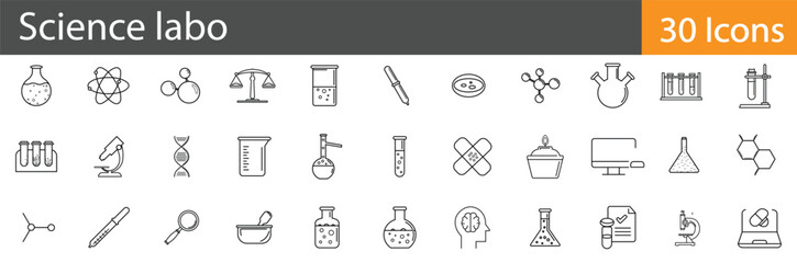 Science Laboratory includes outline vector icons illustrating scientific instruments, experimental setups, laboratory analysis, and research activities. Editable stroke vector illustration.