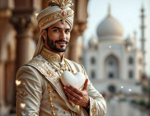 Handsome Hindu prince holds a white heart on blurry temple background. Romantic holidays and Indian culture concept. For Valentine's Day. Fashion portrait for poster, card