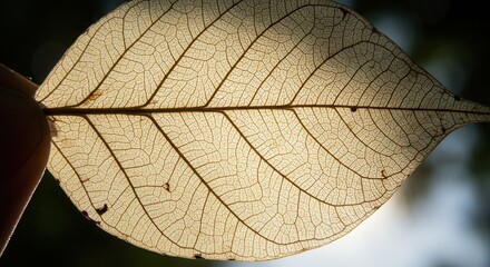 Obraz premium Holding a Translucent Leaf with Visible Veins Against Sunlight