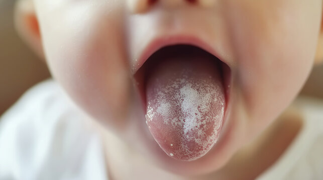 Close-up of a baby's tongue with oral thrush.