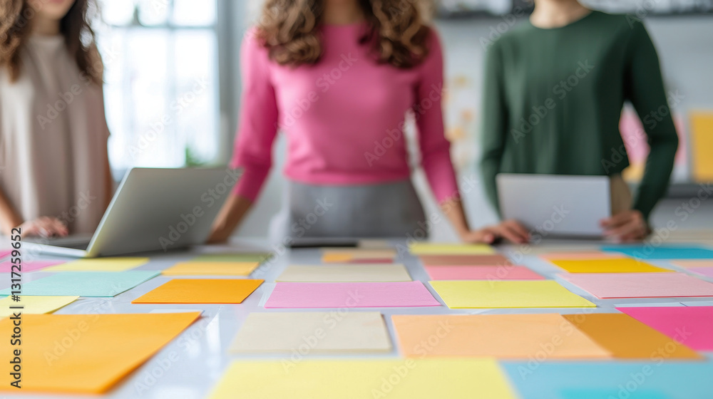 Poster creative brainstorming session with colorful sticky notes and laptops