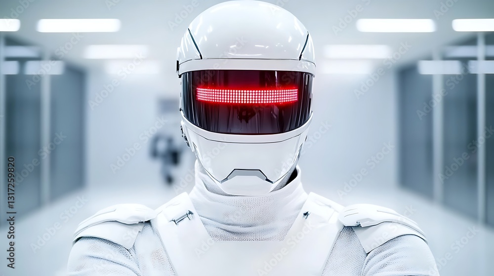 Poster futuristic android robot with red eyes in a sleek, modern environment for science fiction themes