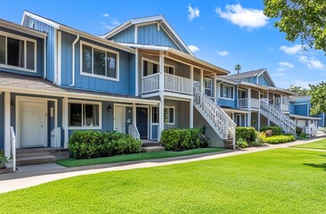 A two-story townhouse with vinyl siding, each house is blue and white in color.