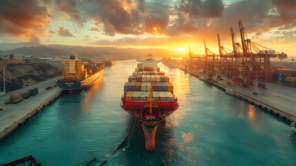 Naklejka premium Container Ship Sailing Towards Sunset at Busy Port