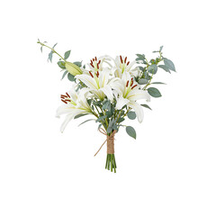 Fototapeta premium Beautiful white lilies and eucalyptus bouquet with a twine ribbon symbolizing purity and simplicity