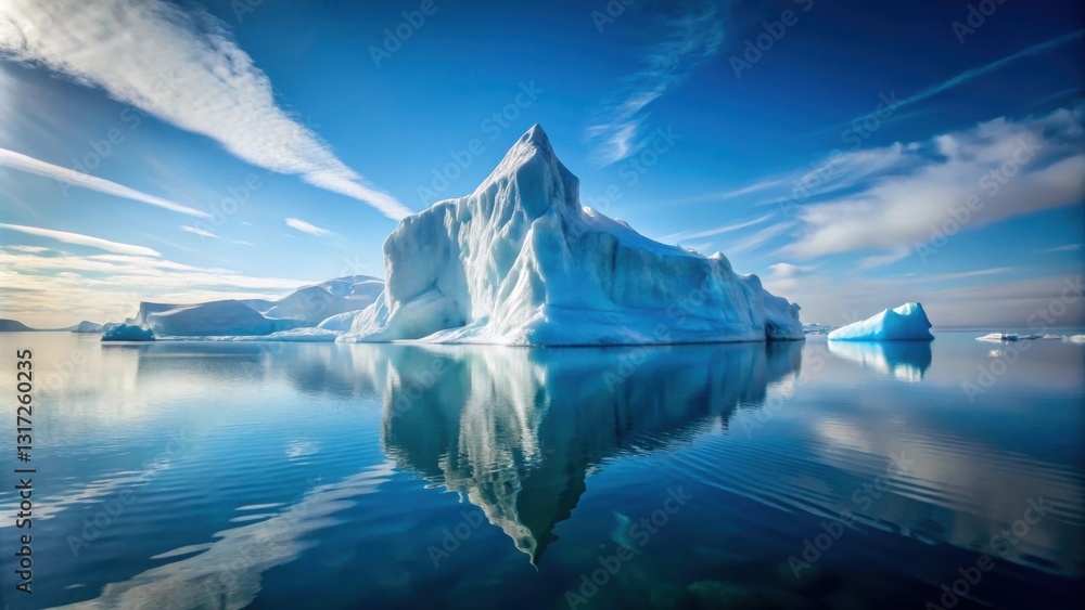 Aufkleber A towering iceberg rises from the frigid waters, its reflection casting a mirrored image in the crystal-clear surface, the sky above a canvas of wispy clouds and azure blue.
