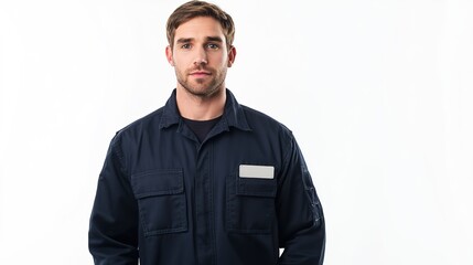 Obraz premium A uniformed mechanic in navy workwear with a name tag on his chest, isolated against a white background.