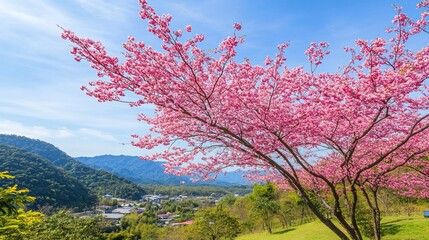 Pink cherry blossoms hilltop view, spring landscape, travel poster