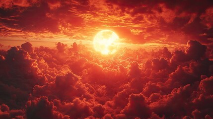 Dramatic sunset sky filled with billowing clouds illuminated in vibrant shades of orange,