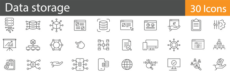 Data Storage includes outline vector icons illustrating digital archives, cloud solutions, information backup, and secure data handling. Editable stroke vector illustration.